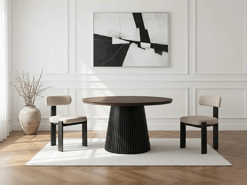 Table ronde extensible NELLA en bois – Ø 120 cm fermée / 200 cm ouverte – 2 rallonges intégrées