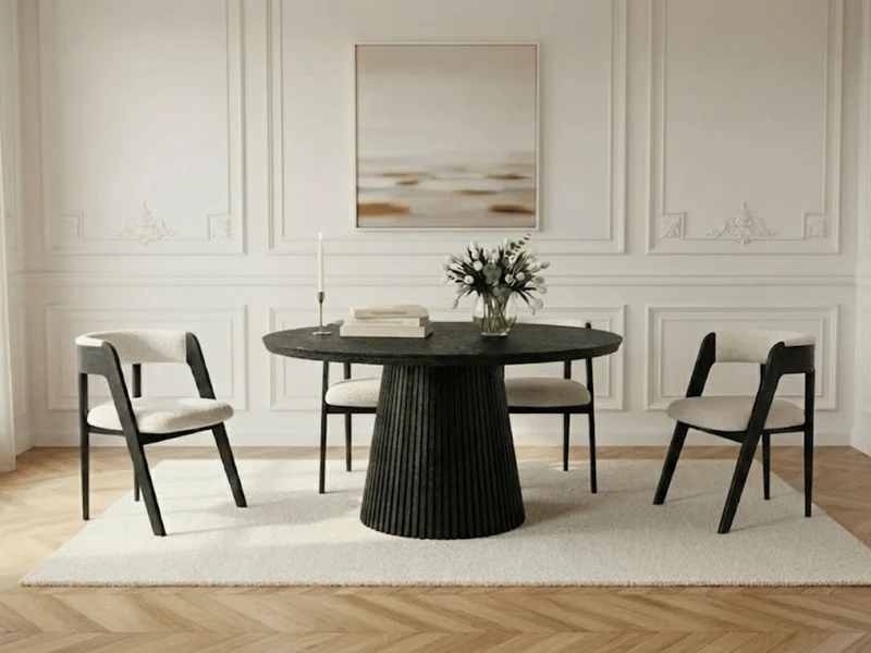 Table ronde extensible NELLA en bois – Ø 120 cm fermée / 200 cm ouverte – 2 rallonges intégrées
