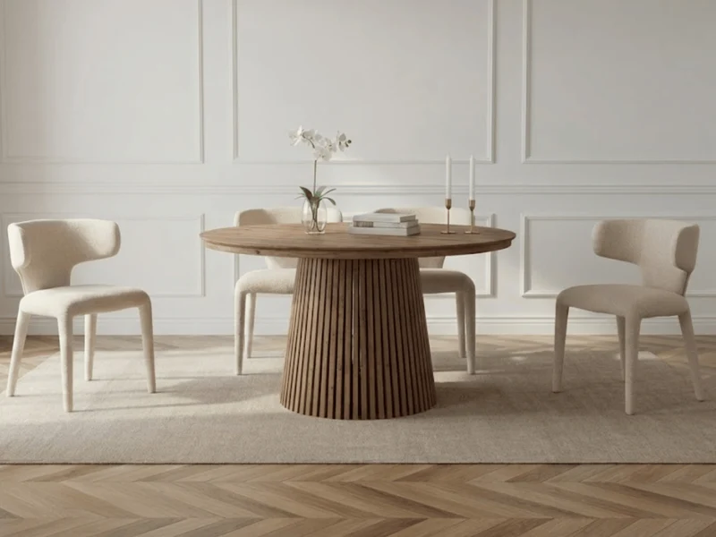 Table ronde extensible NELLA en bois – Ø 120 cm fermée / 200 cm ouverte – 2 rallonges intégrées
