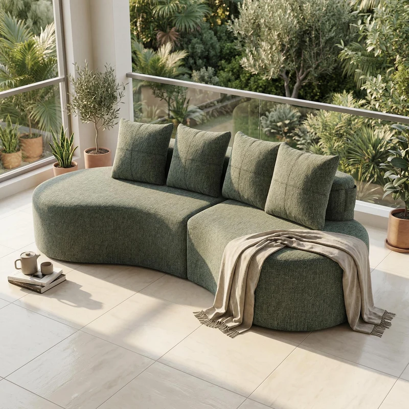 Canapé 3 places en lin vert avec 4 coussins, porte-gobelet, poches latérales sans montage 240x109cm FLAREQUASI