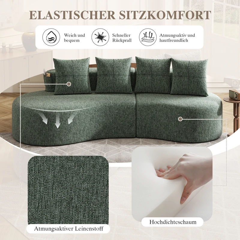 Canapé 3 places en lin vert avec 4 coussins, porte-gobelet, poches latérales sans montage 240x109cm FLAREQUASI