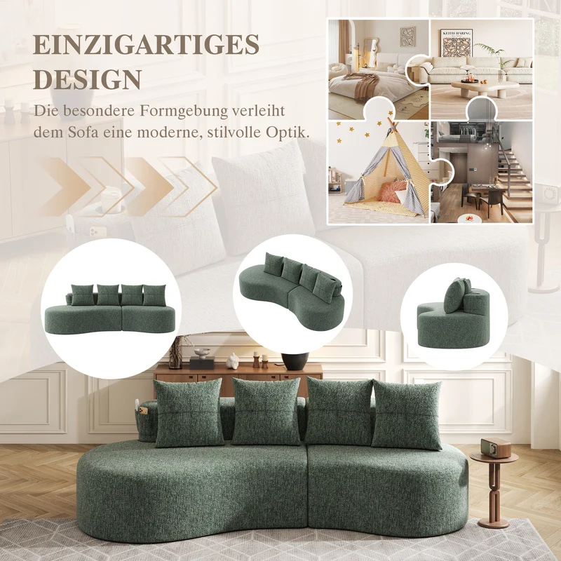 Canapé 3 places en lin vert avec 4 coussins, porte-gobelet, poches latérales sans montage 240x109cm FLAREQUASI