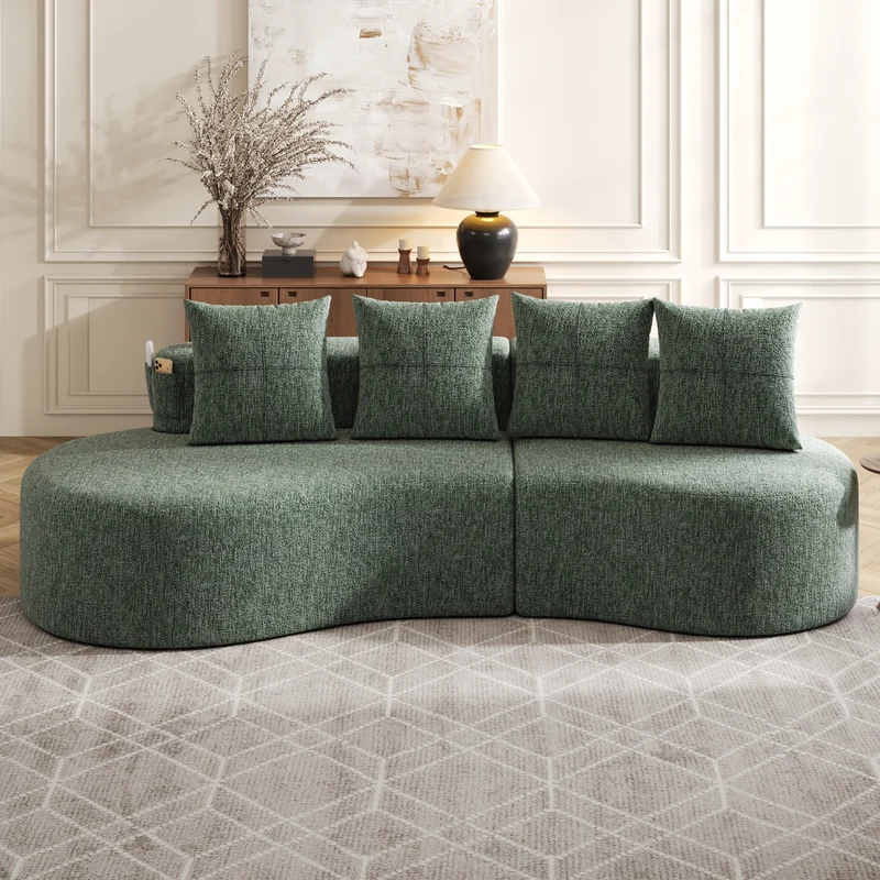 Canapé 3 places en lin vert avec 4 coussins, porte-gobelet, poches latérales sans montage 240x109cm FLAREQUASI