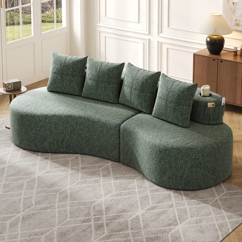 Canapé 3 places en lin vert avec 4 coussins, porte-gobelet, poches latérales sans montage 240x109cm FLAREQUASI