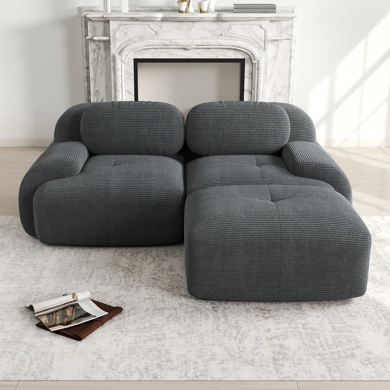 Canapé d'angle modulable en velours côtelé gris avec méridienne et accoudoirs courbés, sans montage FLARECLAR