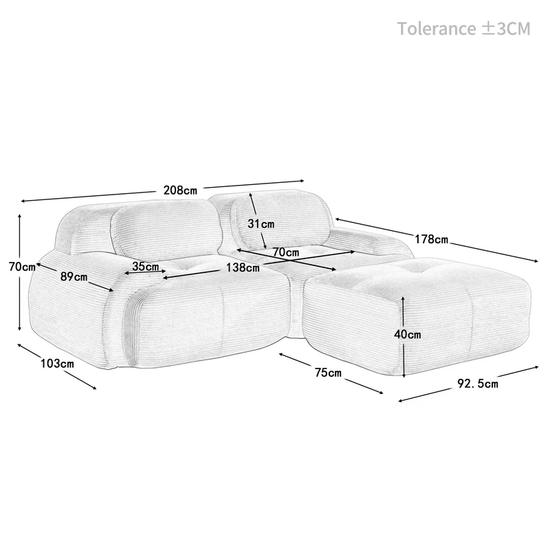 Canapé d'angle modulable en velours côtelé gris avec méridienne et accoudoirs courbés, sans montage FLARECLAR
