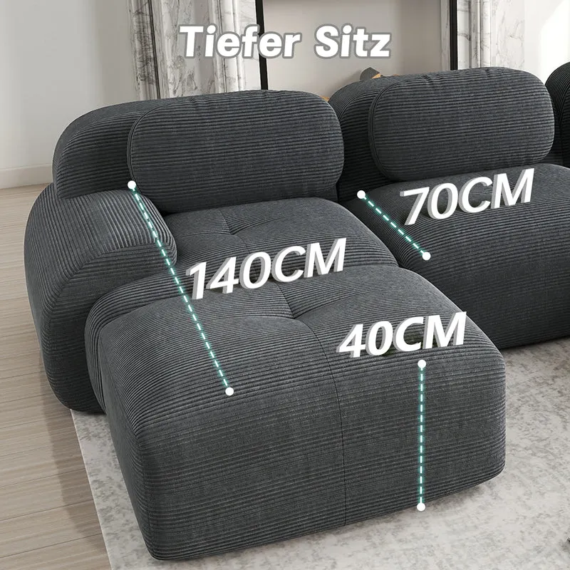 Canapé d'angle modulable en velours côtelé gris avec méridienne et accoudoirs courbés, sans montage FLARECLAR
