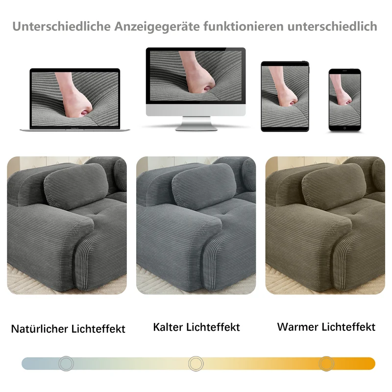 Canapé d'angle modulable en velours côtelé gris avec méridienne et accoudoirs courbés, sans montage FLARECLAR