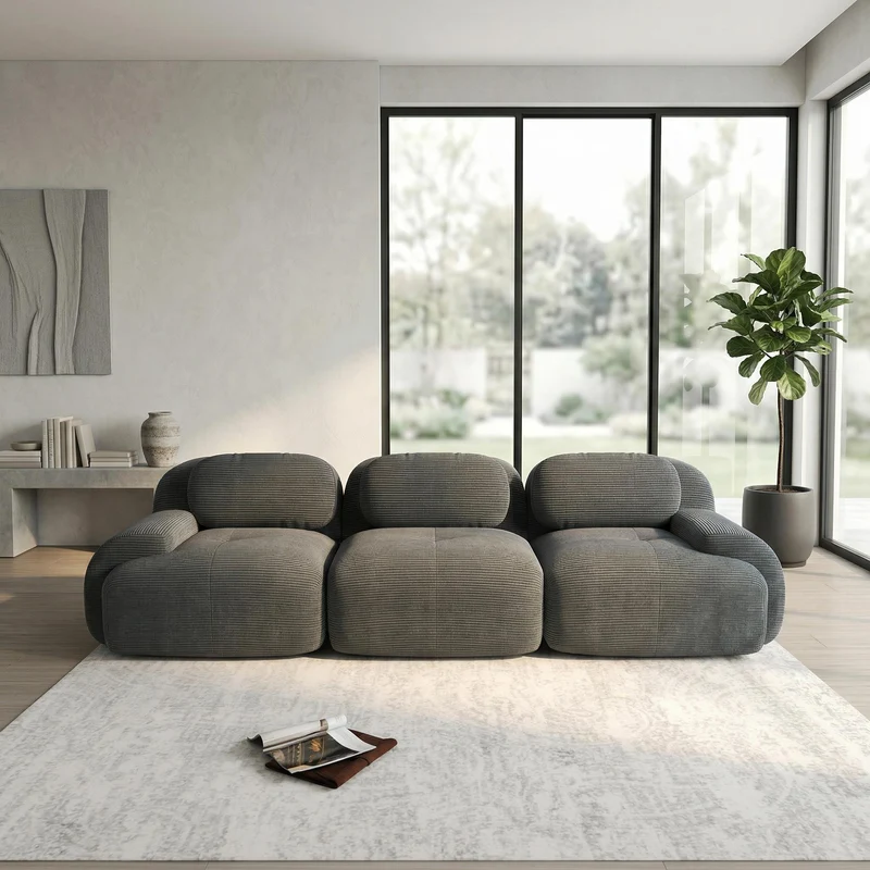 Canapé 3 places modulable en velours côtelé gris et accoudoirs courbés, sans montage FLARECASCD