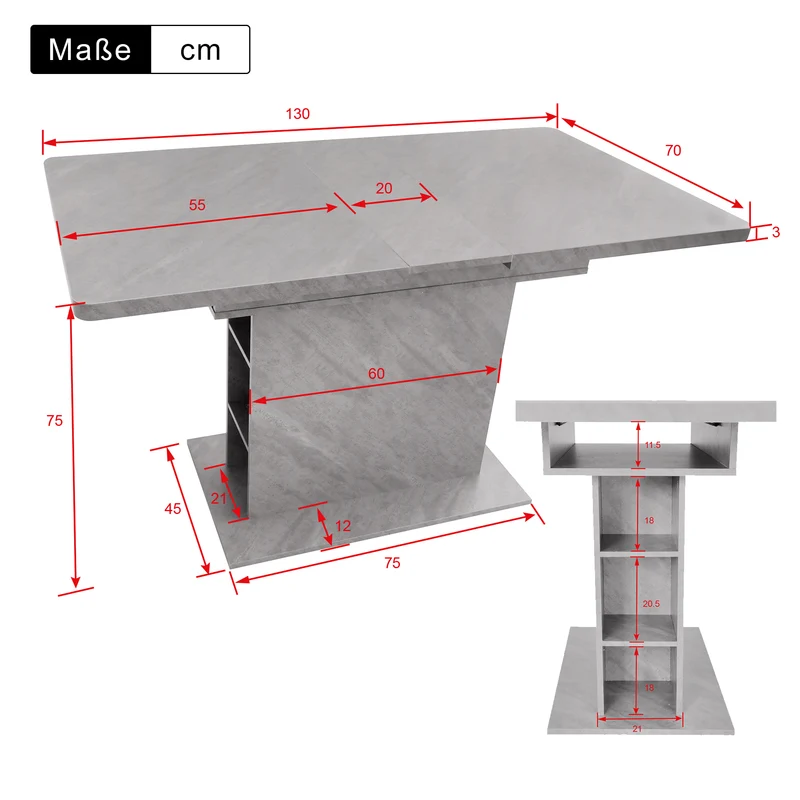 Table à manger rectangulaire extensible avec rangement multifonctionnelle effet béton grise UZOLS
