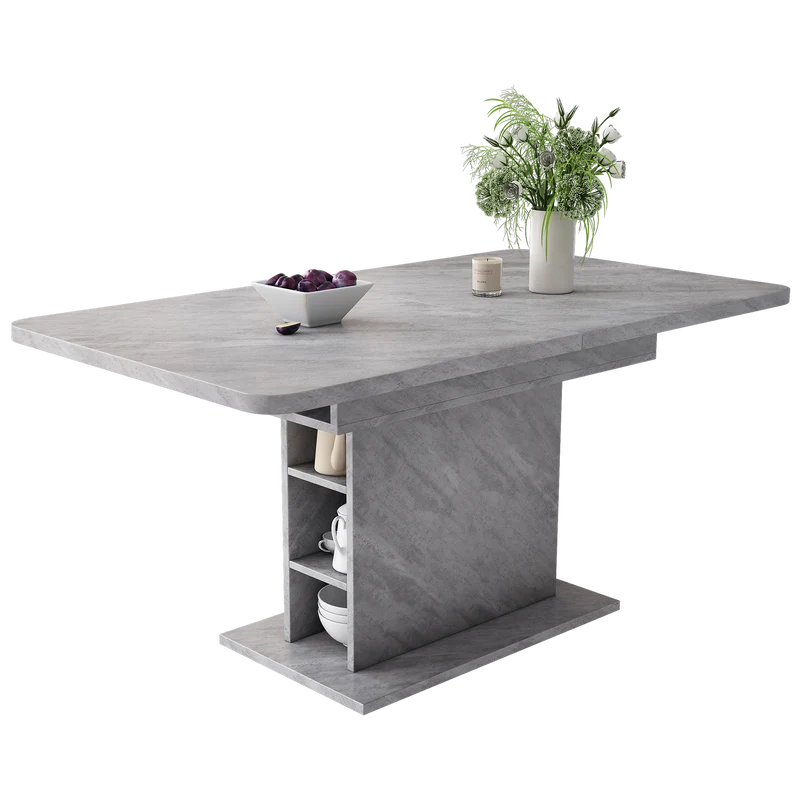 Table à manger rectangulaire extensible avec rangement multifonctionnelle effet béton grise UZOLS