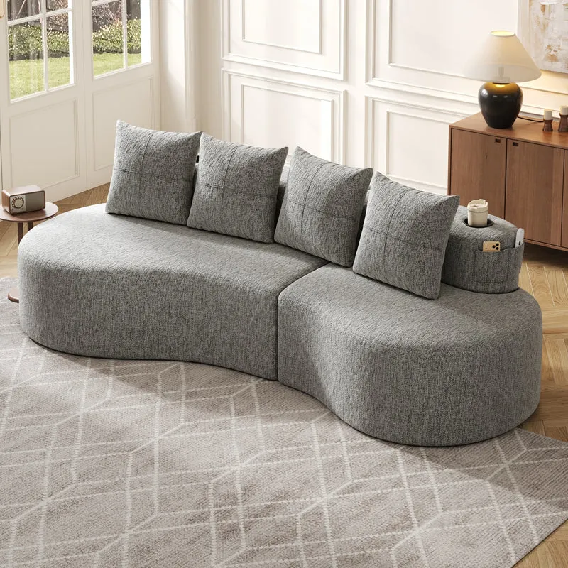 Canapé 3 places en lin gris clair avec 4 coussins, porte-gobelet, poches latérales sans montage 240x109cm FLAREVERTE