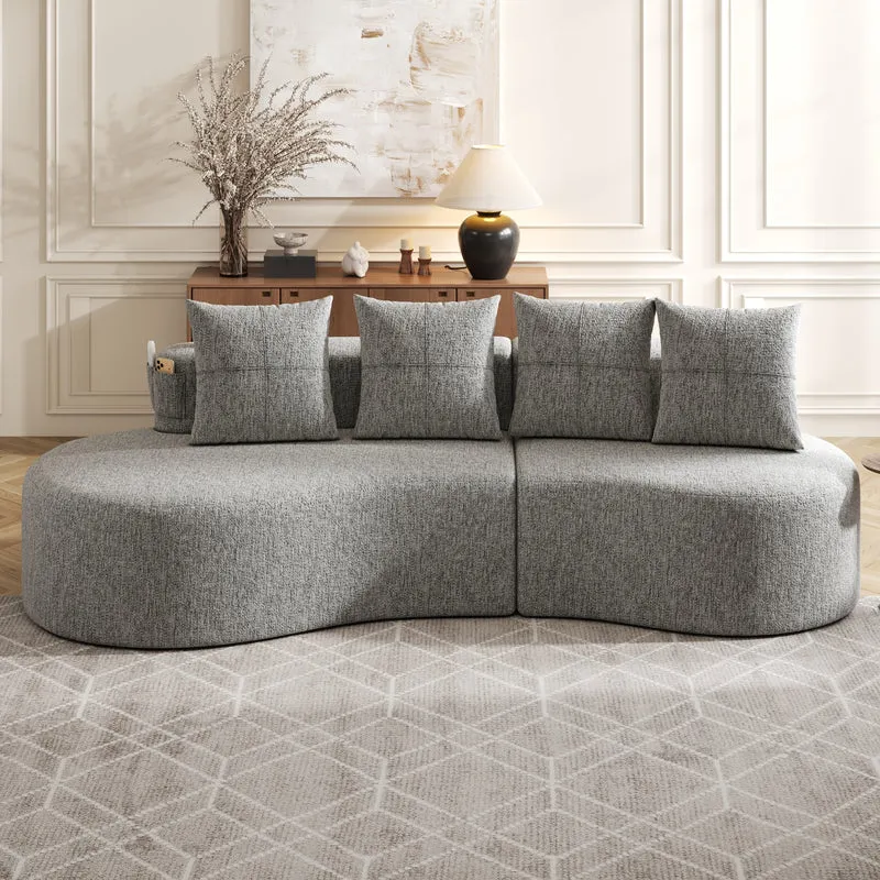 Canapé 3 places en lin gris clair avec 4 coussins, porte-gobelet, poches latérales sans montage 240x109cm FLAREVERTE
