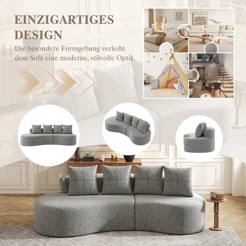 Canapé 3 places en lin gris clair avec 4 coussins, porte-gobelet, poches latérales sans montage 240x109cm FLAREVERTE