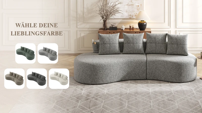 Canapé 3 places en lin gris clair avec 4 coussins, porte-gobelet, poches latérales sans montage 240x109cm FLAREVERTE