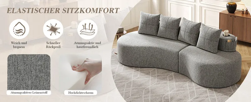 Canapé 3 places en lin gris clair avec 4 coussins, porte-gobelet, poches latérales sans montage 240x109cm FLAREVERTE