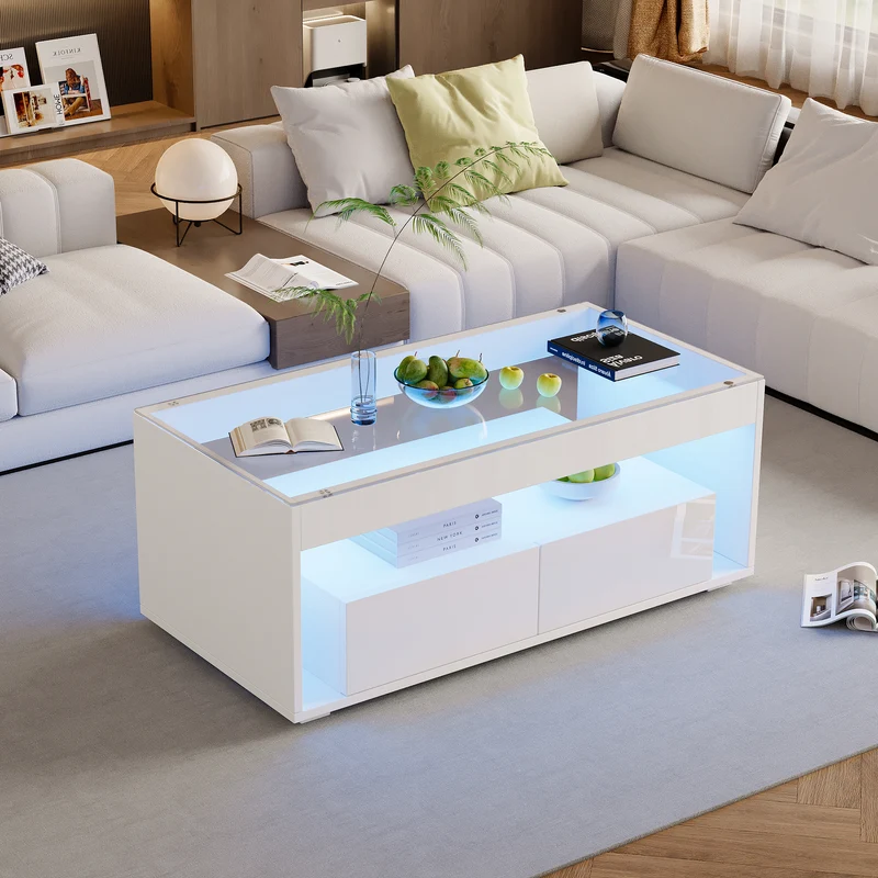 Table basse blanche en verre 2 tiroirs avec éclairage LED 100x50cm GEODYNAMO