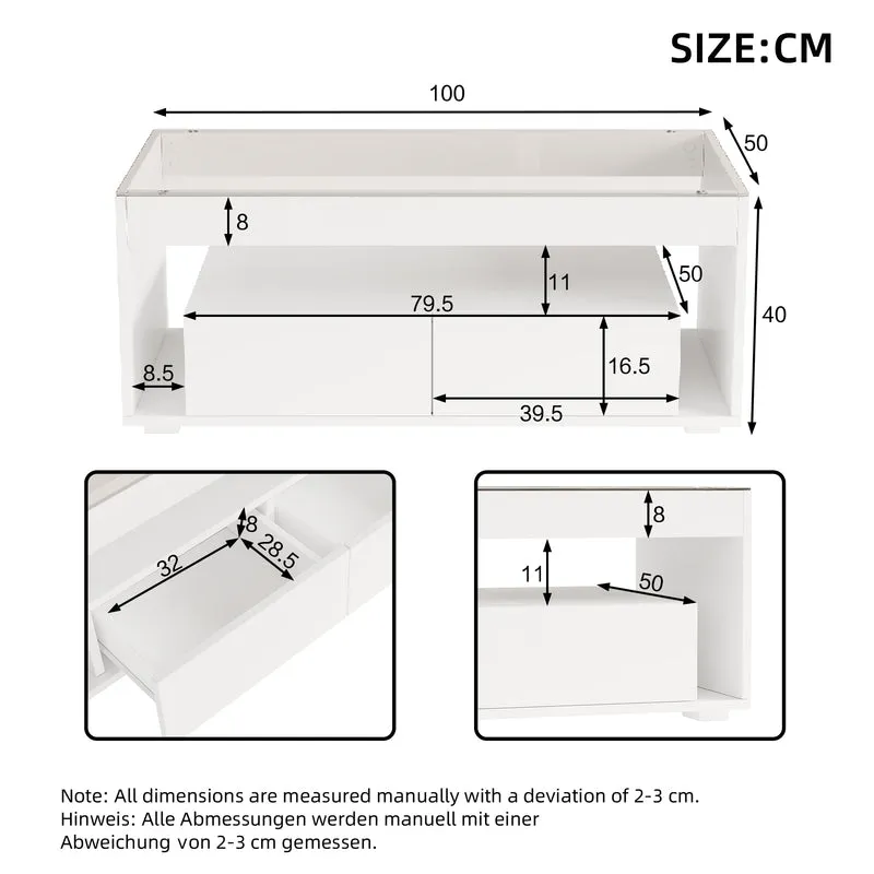 Table basse blanche en verre 2 tiroirs avec éclairage LED 100x50cm GEODYNAMO