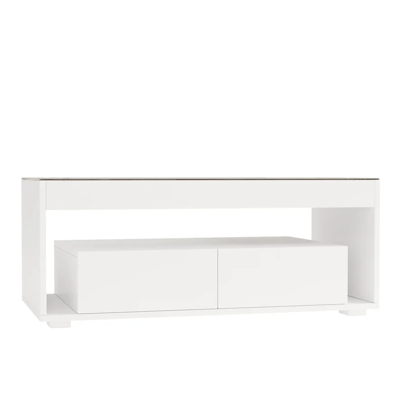 Table basse blanche en verre 2 tiroirs avec éclairage LED 100x50cm GEODYNAMO