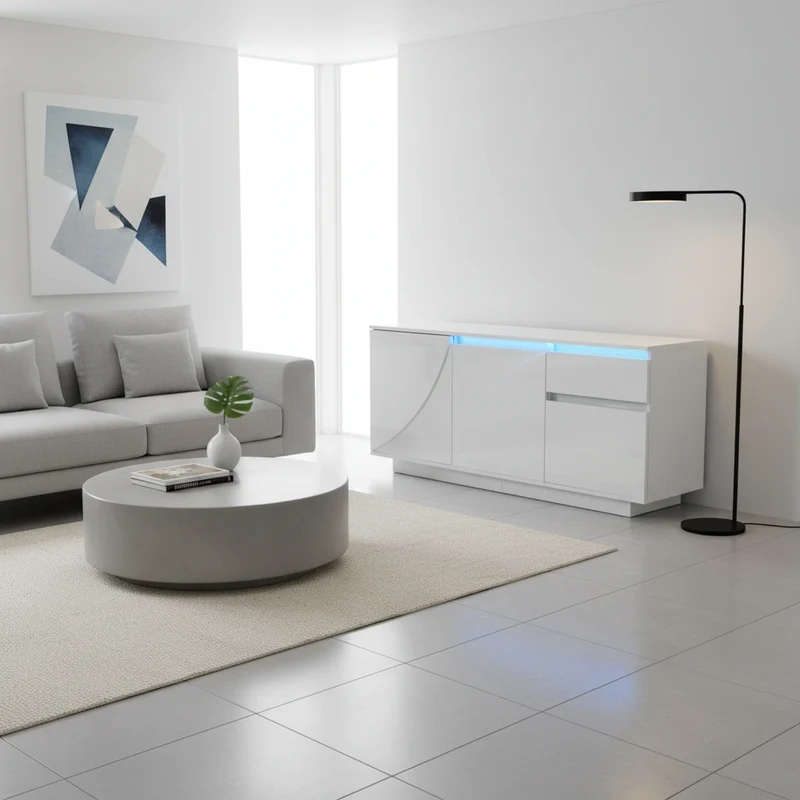 Buffet moderne blanc brillant motif géométrique 3 portes et éclairage LED GRASSPHYT
