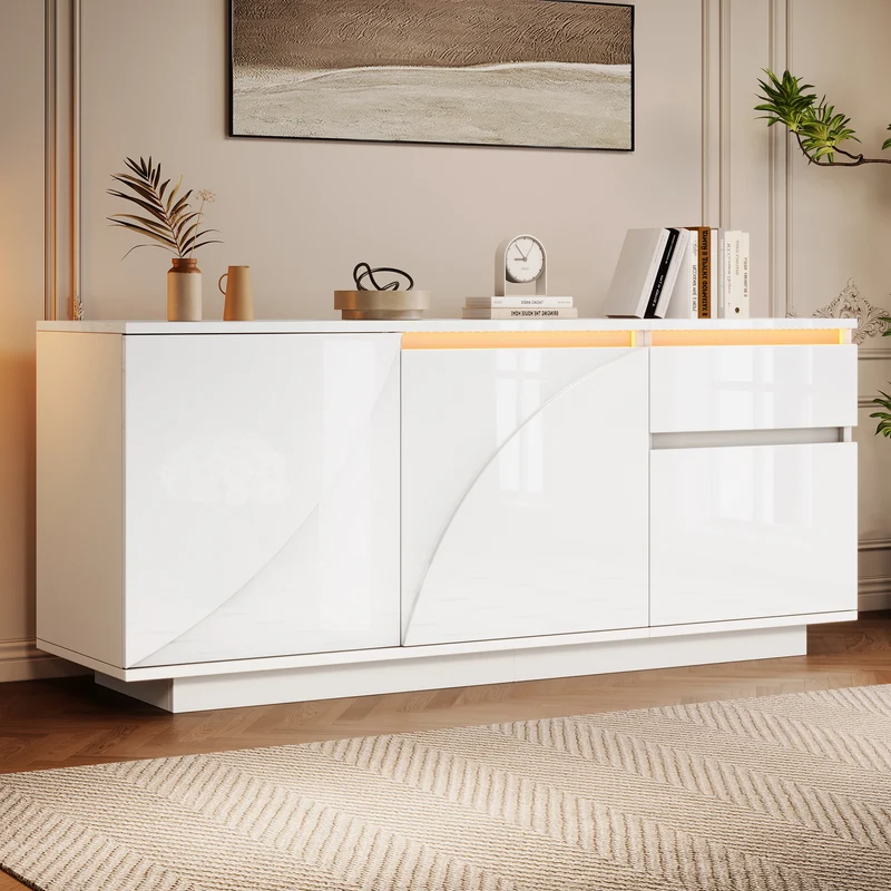 Buffet moderne blanc brillant motif géométrique 3 portes et éclairage LED GRASSPHYT