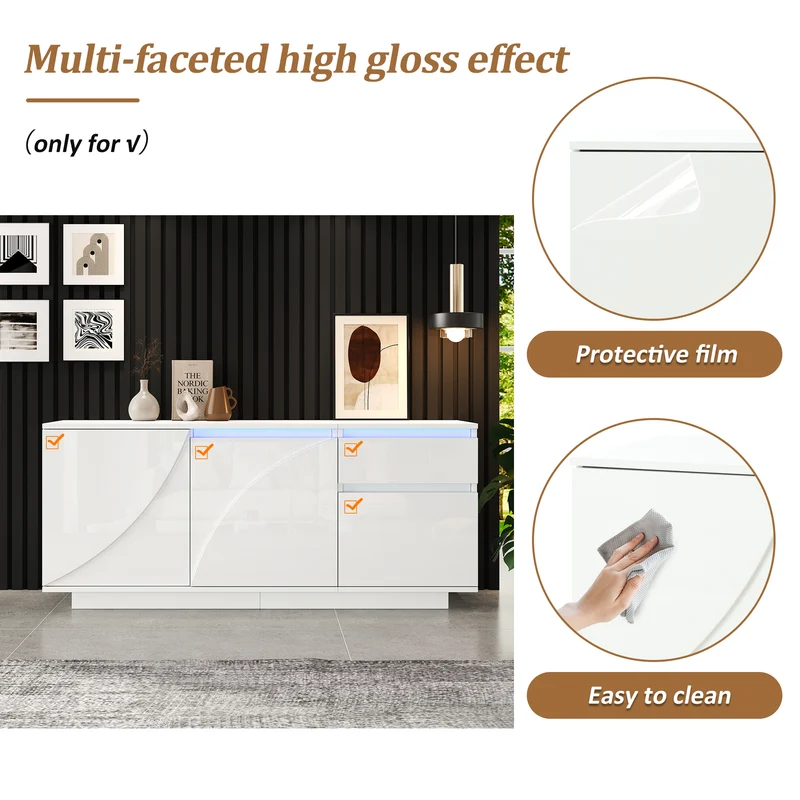 Buffet moderne blanc brillant motif géométrique 3 portes et éclairage LED GRASSPHYT