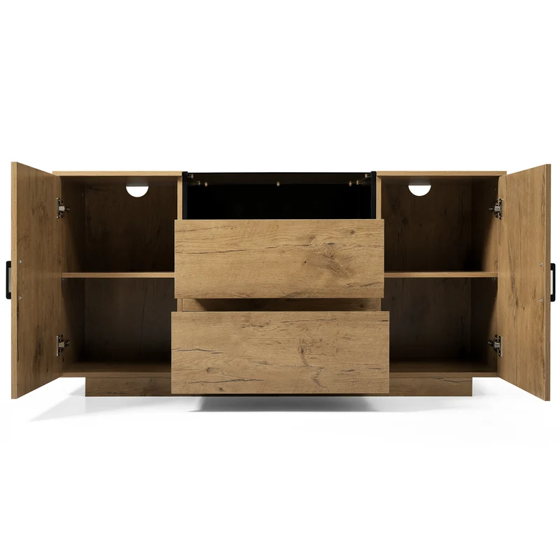 Buffet industriel effet chêne, niche noir et top en verre, 2 portes 2 tiroirs PROTONFEN