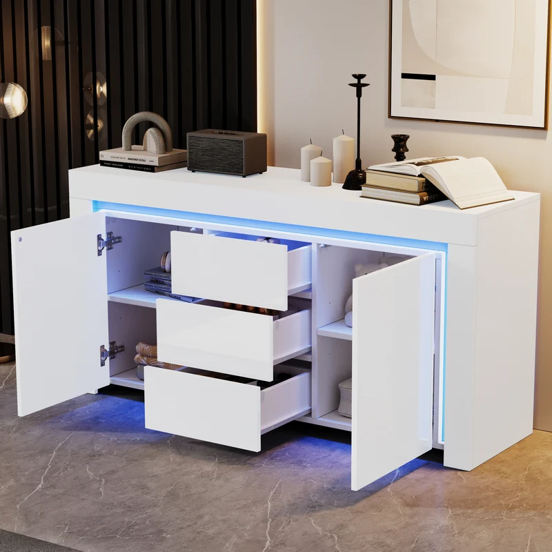Buffet blanc laqué brillant avec éclairage LED 2 portes 3 tiroirs EUGLENOID