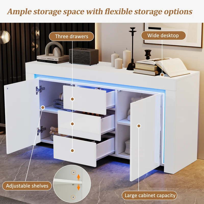 Buffet blanc laqué brillant avec éclairage LED 2 portes 3 tiroirs EUGLENOID