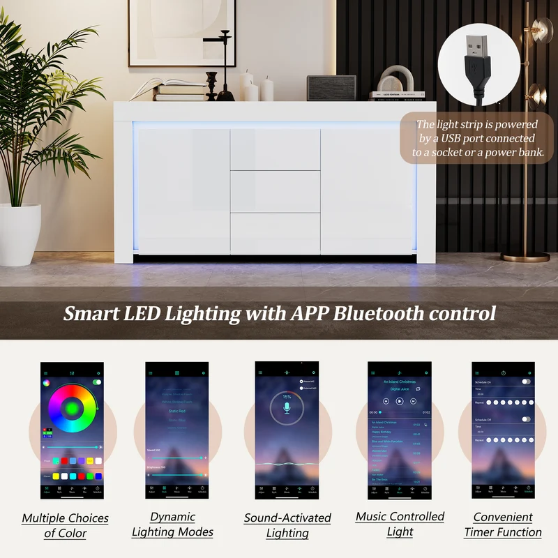 Buffet blanc laqué brillant avec éclairage LED 2 portes 3 tiroirs EUGLENOID