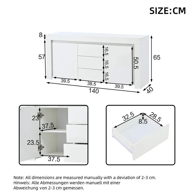 Buffet blanc laqué brillant avec éclairage LED 2 portes 3 tiroirs EUGLENOID