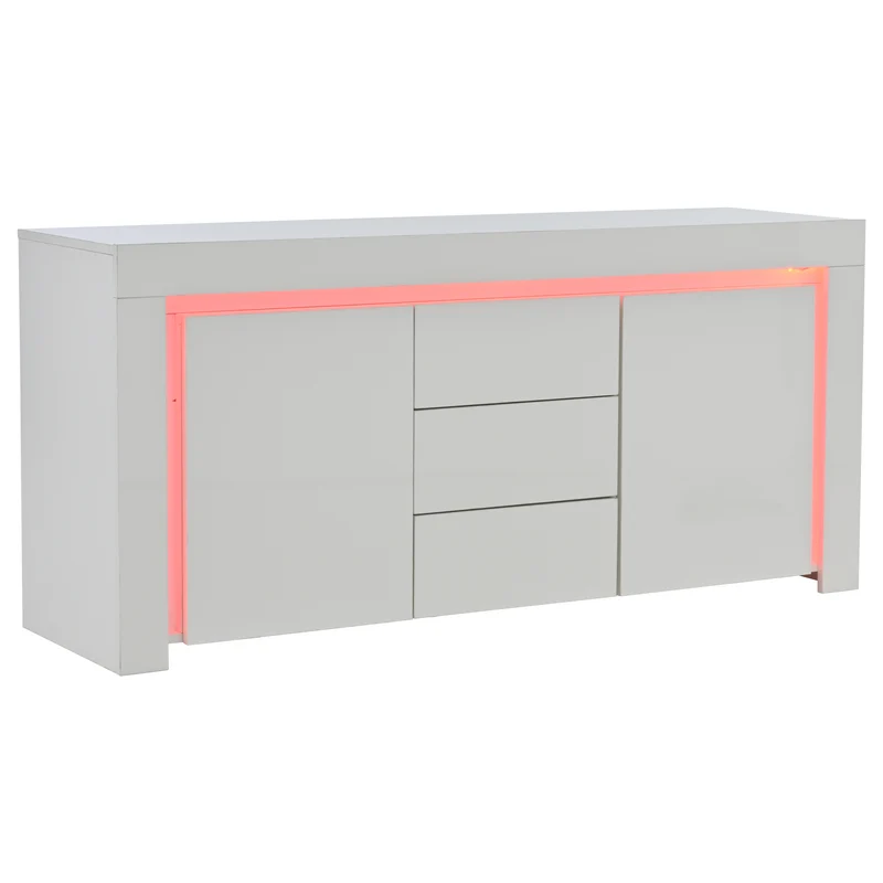 Buffet blanc laqué brillant avec éclairage LED 2 portes 3 tiroirs EUGLENOID