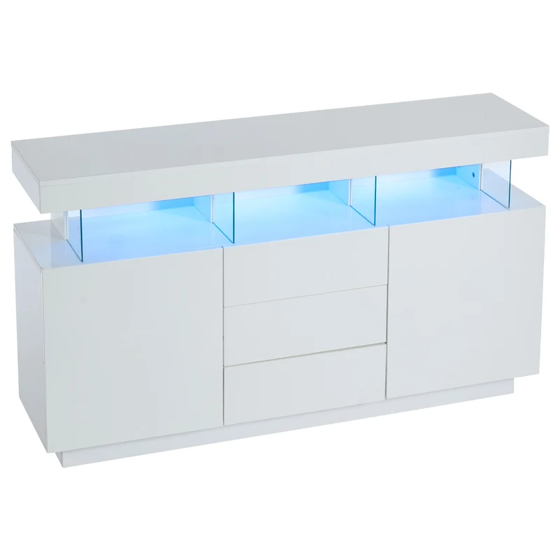 Buffet blanc brillant avec éclairage LED 2 portes 3 tiroirs REZER