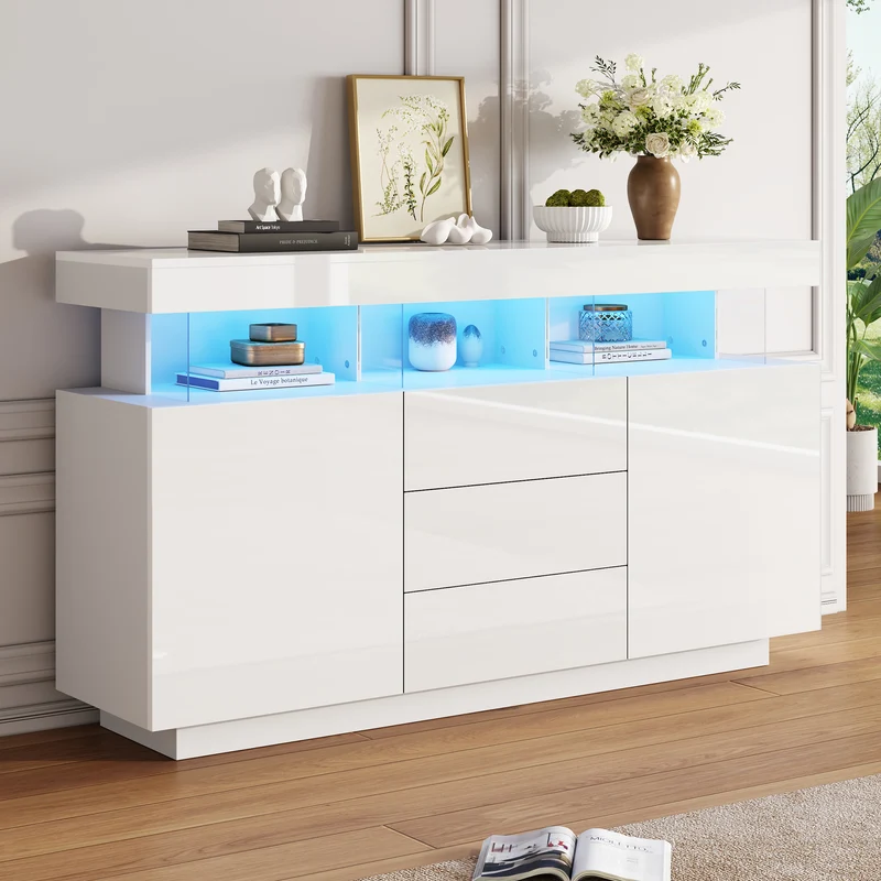Buffet blanc brillant avec éclairage LED 2 portes 3 tiroirs REZER