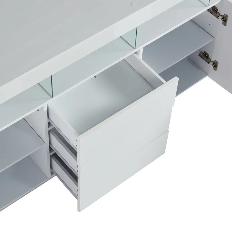 Buffet blanc brillant avec éclairage LED 2 portes 3 tiroirs REZER