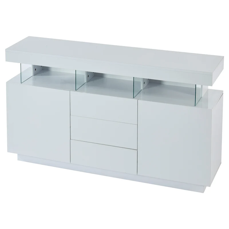 Buffet blanc brillant avec éclairage LED 2 portes 3 tiroirs REZER