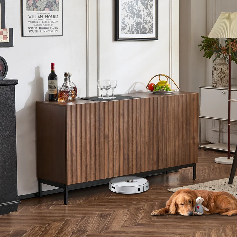 Buffet effet chêne vintage grainé foncé 3D ondulé 150x40x80cm GHOTS