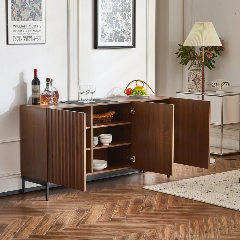 Buffet effet chêne vintage grainé foncé 3D ondulé 150x40x80cm GHOTS