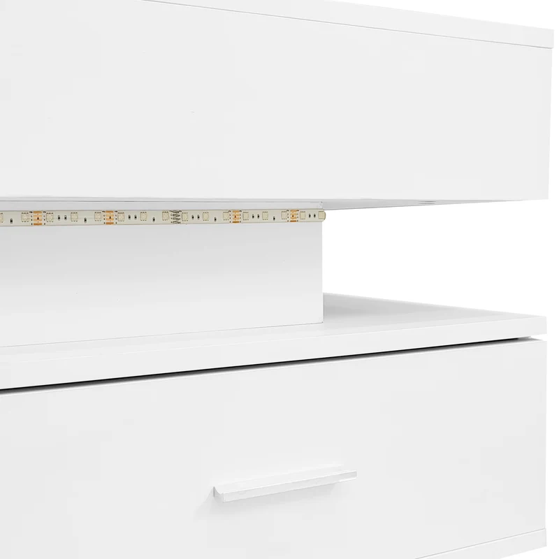 Table basse blanche plateau relevable à hauteur réglable 2 tiroirs et espace de rangement ouvert avec éclairage LED 100*50*44 cm ZAKS WHITE