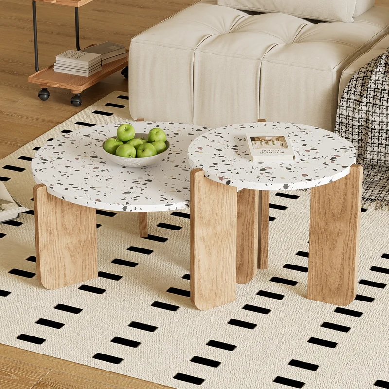 Ensemble de 2 tables basses gigognes blanches rondes pieds bois QEGZA WOOD