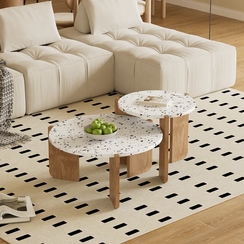 Ensemble de 2 tables basses gigognes blanches rondes pieds bois QEGZA WOOD