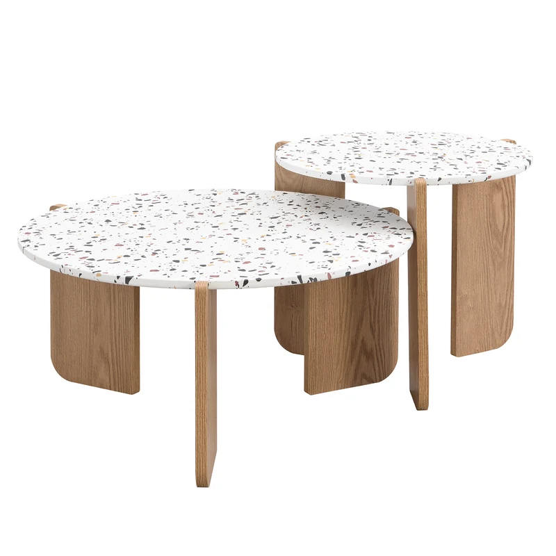 Ensemble de 2 tables basses gigognes blanches rondes pieds bois QEGZA WOOD