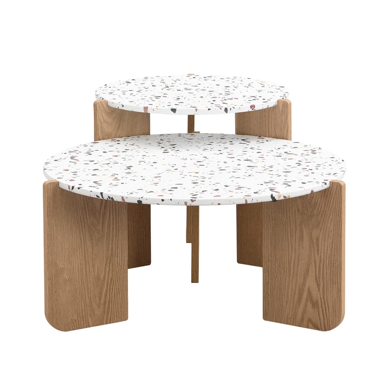 Ensemble de 2 tables basses gigognes blanches rondes pieds bois QEGZA WOOD