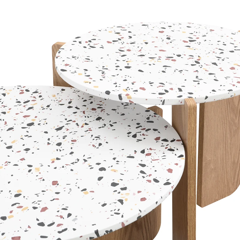 Ensemble de 2 tables basses gigognes blanches rondes pieds bois QEGZA WOOD