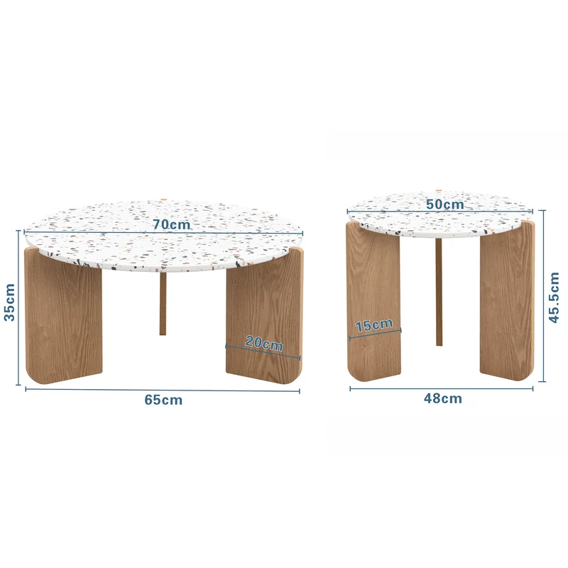 Ensemble de 2 tables basses gigognes blanches rondes pieds bois QEGZA WOOD