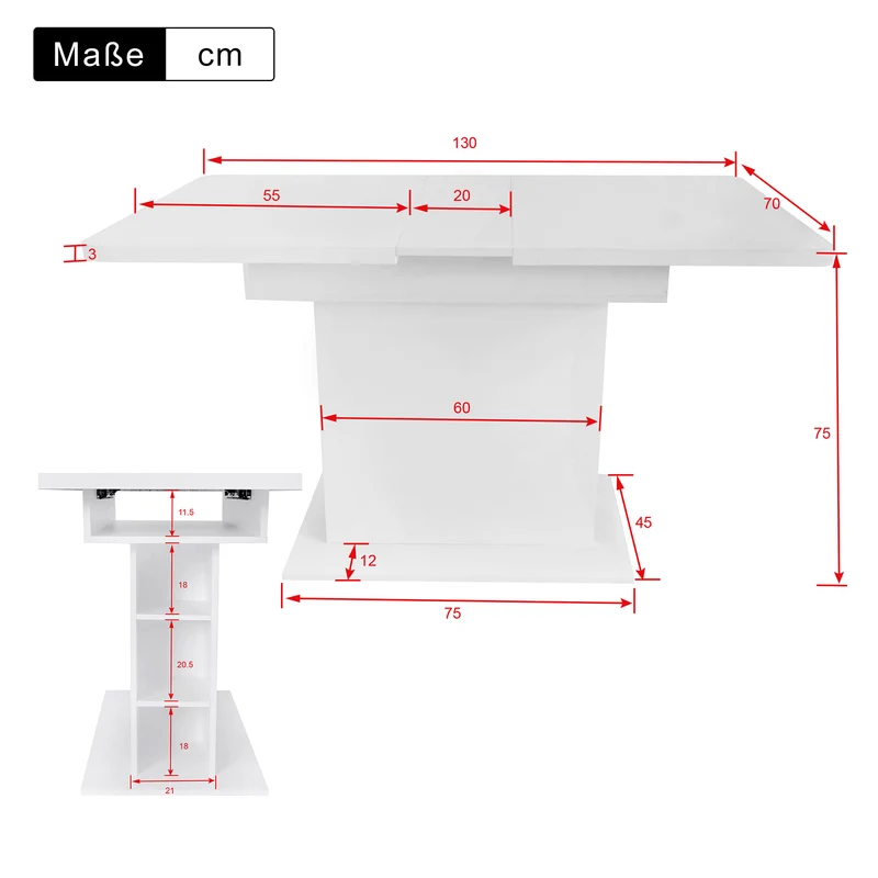 Table à manger rectangulaire extensible avec rangement multifonctionnelle blanc DRUUKIED