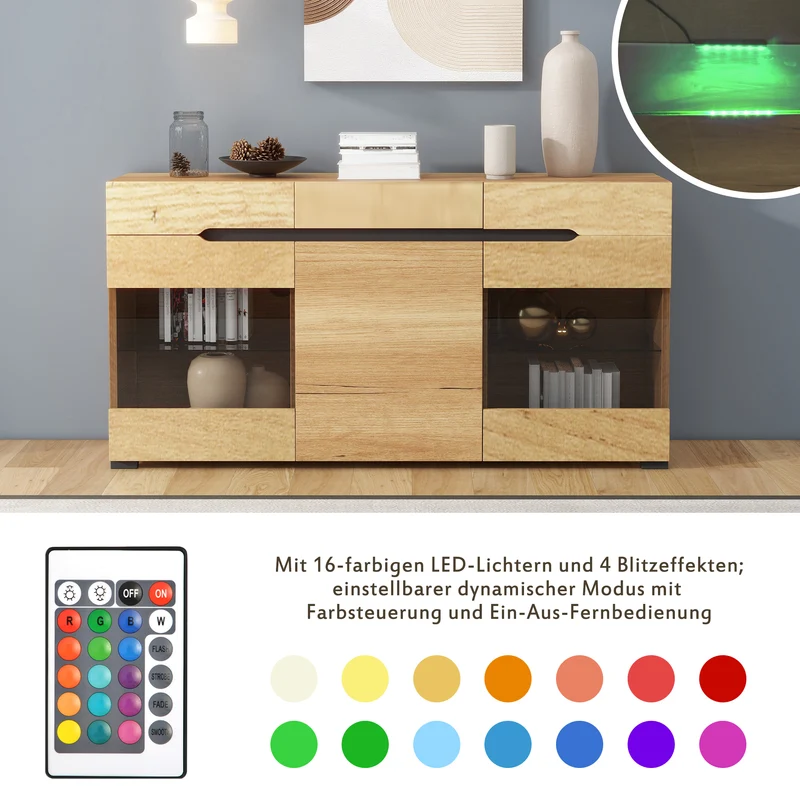 Buffet moderne LED rangement 3 portes 3 tiroirs 140*35*80 KRANQRUK