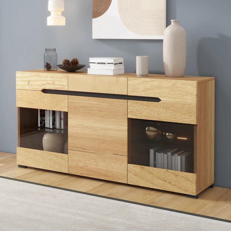 Buffet moderne LED rangement 3 portes 3 tiroirs 140*35*80 KRANQRUK