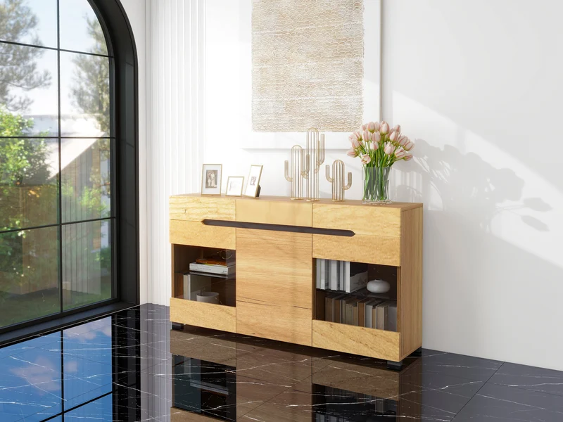 Buffet moderne LED rangement 3 portes 3 tiroirs 140*35*80 KRANQRUK