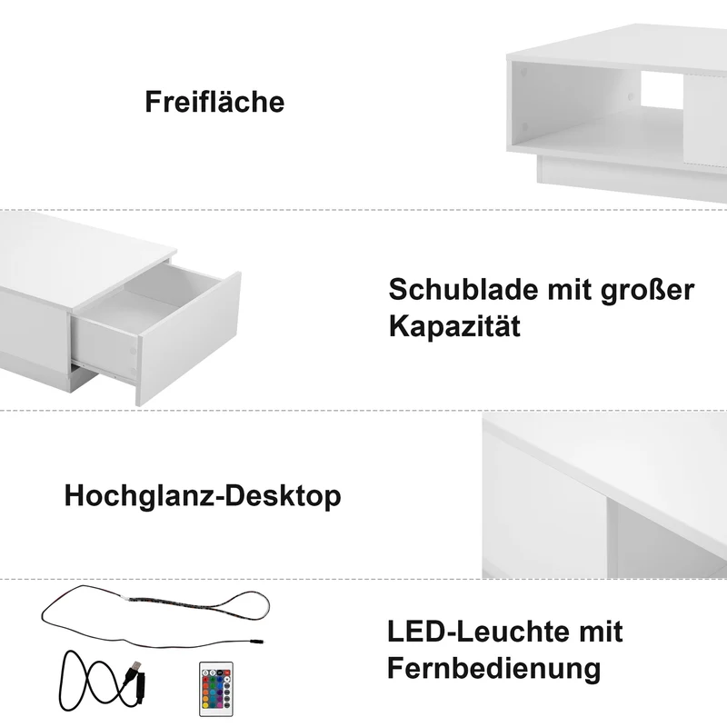 Table basse moderne rectangulaire blanche avec lumière LED 95 x 55 x 32 cm SHOHLORS